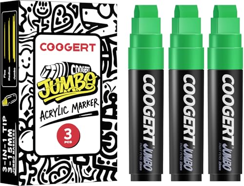 Coogert 3Pcs Green Jumbo Poster Markers, 15MM Thick Permanent Acrylic Graffiti Markers, Wide Tip Paint Marker for Canvas, Posters Board, Fabric, Window, Glass, Wood, Teachers,Banner painting supplies