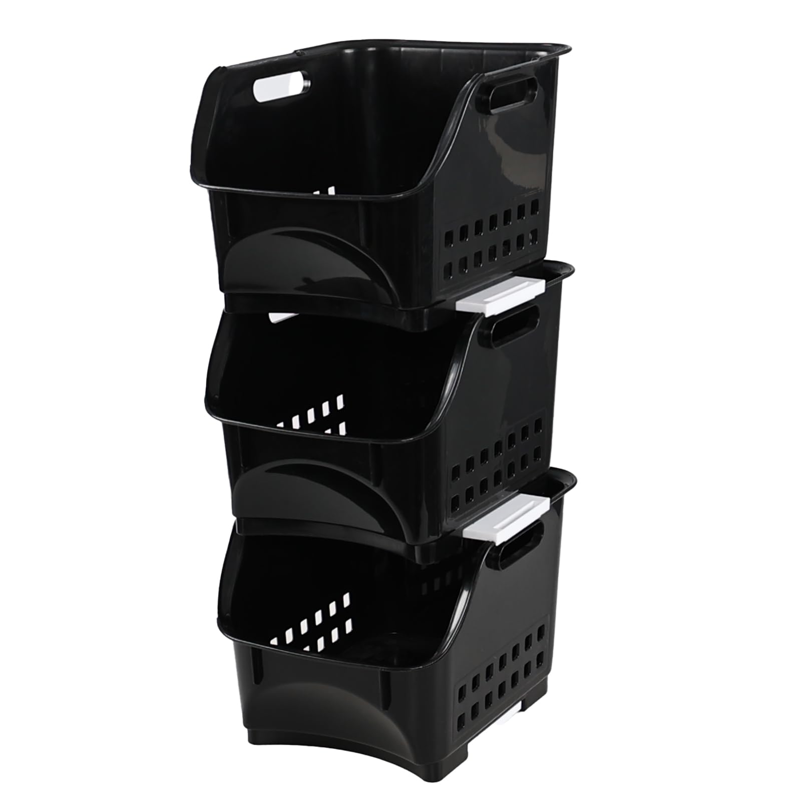 Buyitt 3 Pack Plastic Stackable Storage Bins, Kitchen Stacking Baskets Rack for Organising Fruits Vegetables, Black