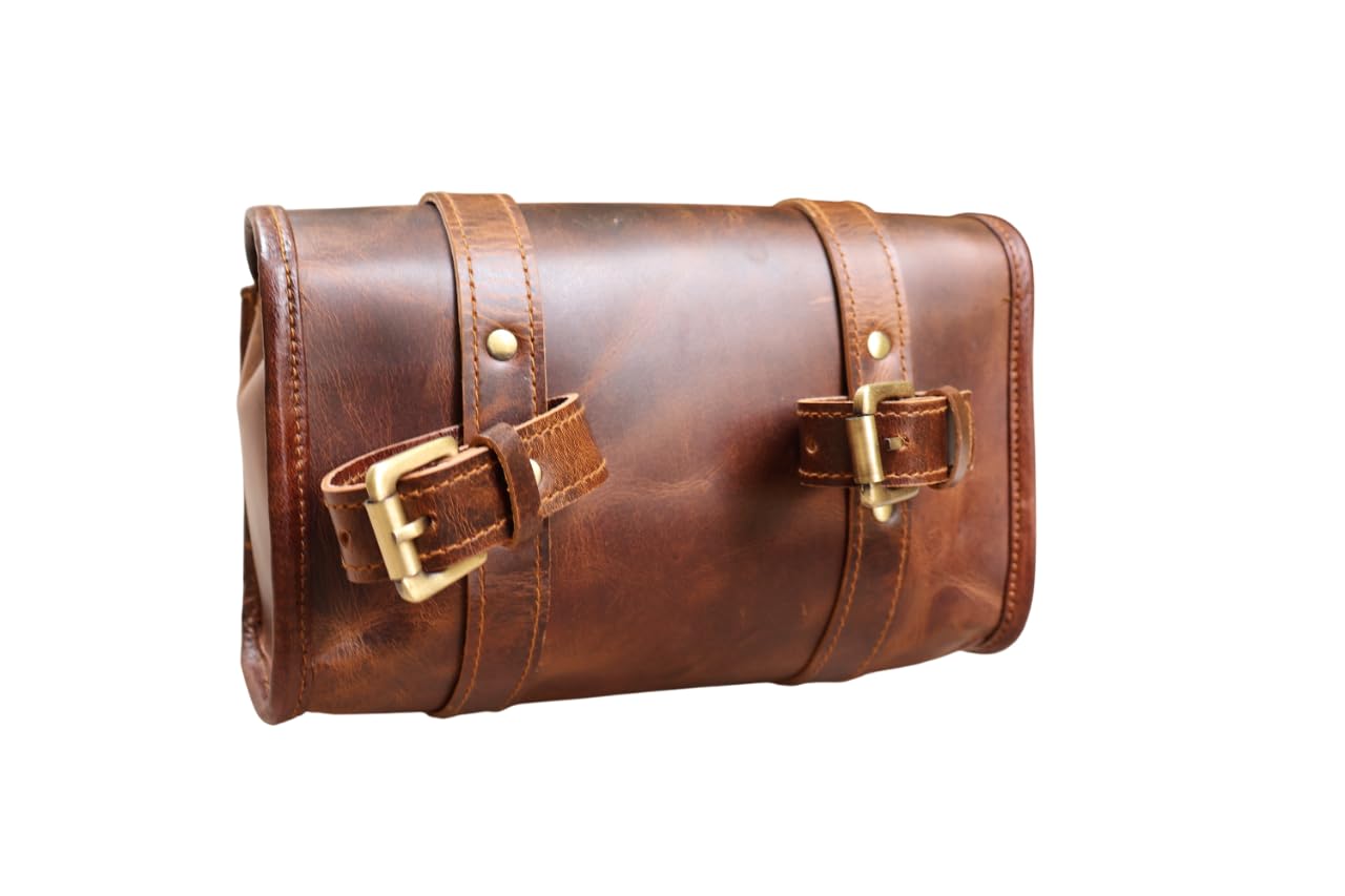 american blue - Borsa da moto vintage, in vera pelle di capra, con fibbia a 2 cinghie e chiusura rapida, borsa porta attrezzi marrone, rinforzata, per manubrio, forcelle, bicicletta, Leather Rider