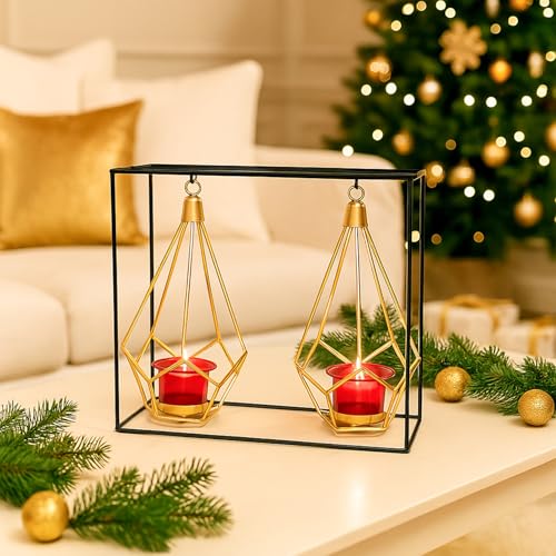 Image of MARKET 99 Nordic Style 2 Pcs Hanging Cage T-Light Holder with Stand | Black Metal Rectangular Frame with Diamond Holders | Perfect for Home, Xmas & Christmas Decor, Living Room & Festive Decoration