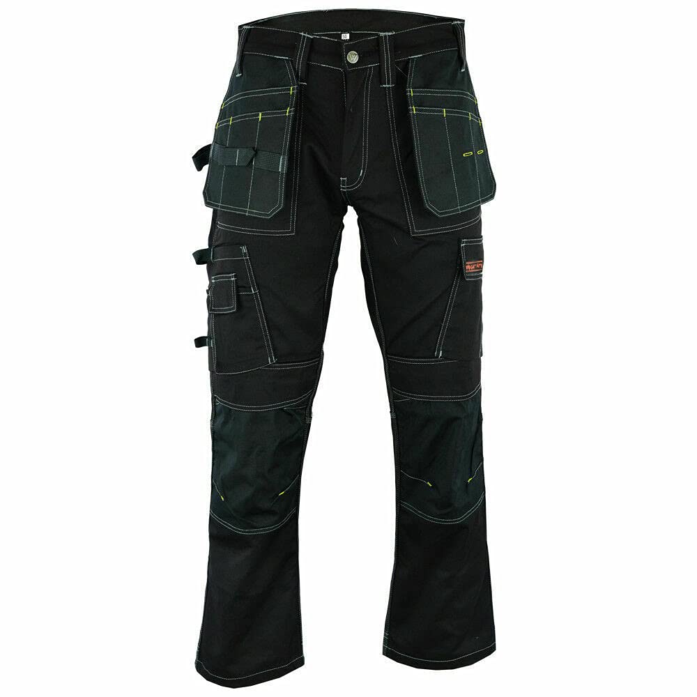 WrightFitsMen Pro Builder Work Trousers Black - Heavy Duty Safety Combat Cargo Pants - Multi Pockets - Knee Pad Pockets - Triple Stitched - Durable Workwear