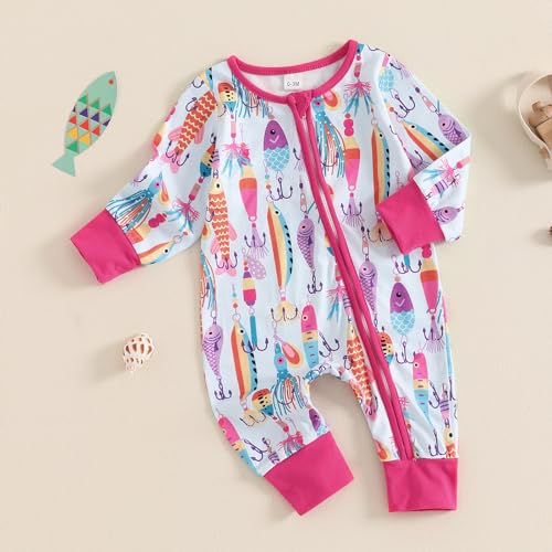 Newborn Baby Boy Girl Fall Winter Clothes Long Sleeve Fish Print Zipper Jumpsuit Romper One Piece Fishing Outfit 0-12M2