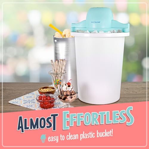 Nostalgia Electric Ice Cream Maker – Parlor Style, Old Fashioned Soft Serve Ice Cream Machine Makes Frozen Yogurt or Gelato in Minutes - Fun Kitchen Appliance – Blue & White - 6 Quart
