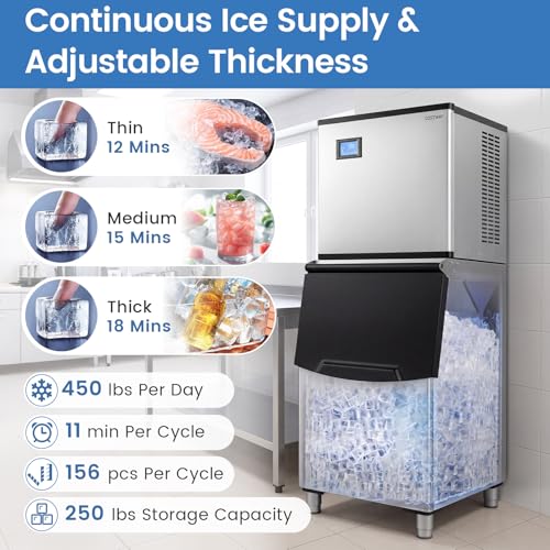 COSTWAY Commercial Ice Maker 450 LBS/24H with 250 LBS Storage Bin, 156PCS Clear Ice Cubes in 11 Mins, Industrial Freestanding Stainless Steel Ice Machine with Auto Self-Cleaning for Restaurant Cafe