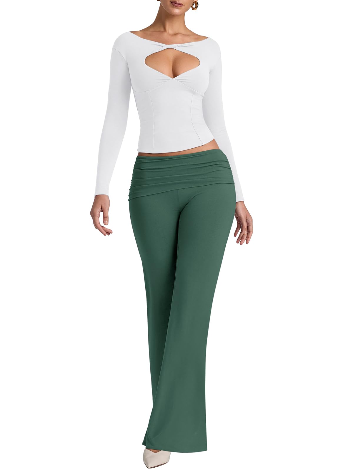 REORIA Leggings da donna, tinta unita, da palestra, da yoga, con gamba larga e elastico in vita, verde, S