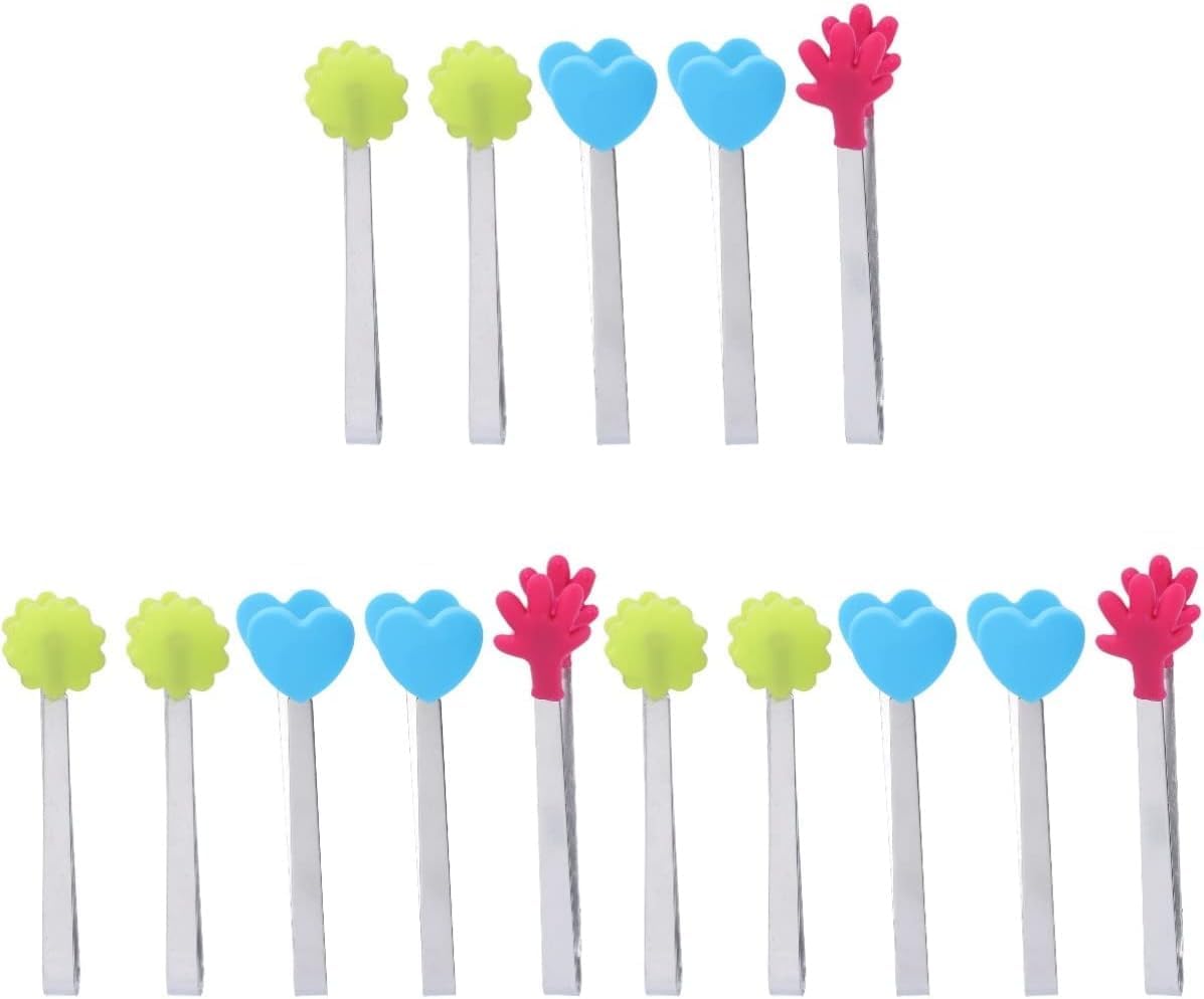 15 pcs Stainless Steel ice Serving Tong appetizers Non- Stick Seafood Tong Sugar Tong Mini Tongs(Assorted Colorx3pcs,12X3CMx3pcs)