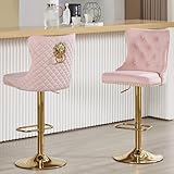 Chummaven Bar Stools Set of 2 Velvet Swivel Kitchen Counter Chairs with Tufted High Back Modern Upholstered Gold Barstools with Lion Pull Ring/Golden Base for Dining Room/Home Bar/Kitchen, Pink