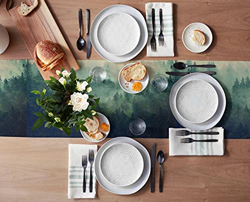 Custom Bed Usa Pine Forest Table Runner For Farmhouse Holiday Parties, Linen Burlap Table Runner Dresser Scarves Dining Table Decor 13X70 Inch, Green Forest And White Fog #TOP2