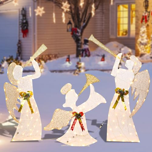 Taman Lighted Christmas Angel Glittered 3 Angels Blowing The Trumpet Lighted LED Warm Lights for Outdoor Christmas Holiday Home Lawn Yard Garden Decoration