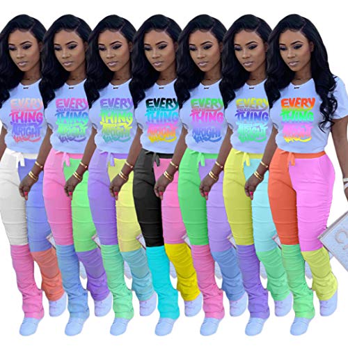 Casual 2 Piece Outfit Sets for Women Color Block Short Sleeve T-Shirts + Stacked Flare Pants Tracksuit Sweatsuit3