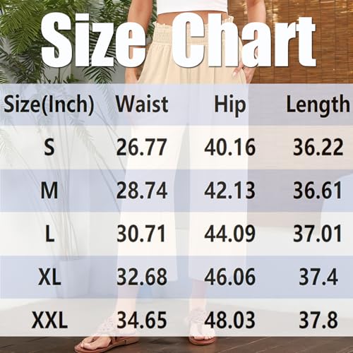 Capri Pants for Women High Waisted Wide Leg Linen Pants Elastic Smock Waist Flowy Palazzo Pant Summer Beach Pant3