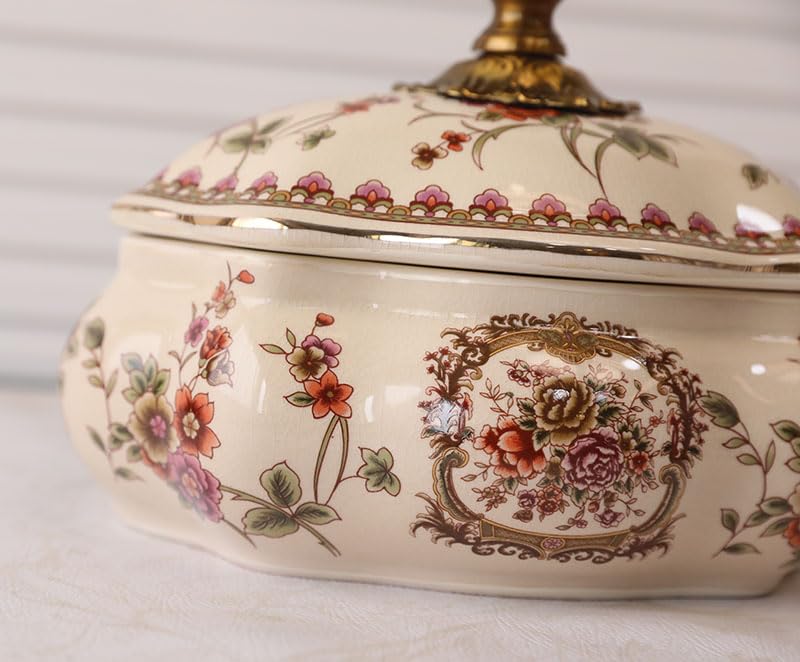 Słoik ceramiczny w stylu vintage z pokrywką ze stopu na przekąski, biżuterię i klucze, europejski pojemnik dekoracyjny kwiatowym wzorem do salonu toaletki, 22 x 18 cm