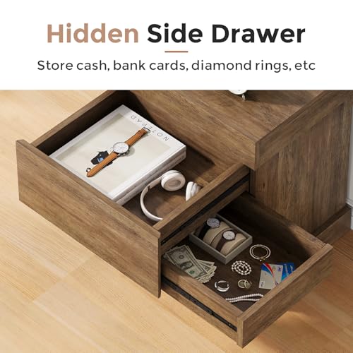 Condemo Nightstand with Hidden Storage, Farmhouse Bedside Table with 3 Drawers and Sliding Top, Side End Table for Living Room, Bedroom, Little Spaces (Natural Oak) - Thumbnail 4