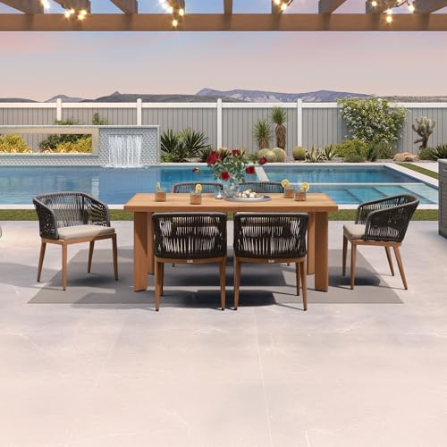 Image of PURPLE LEAF Patio Dining Set for 6 with Sunbrella Cushion Chairs Deep Teak