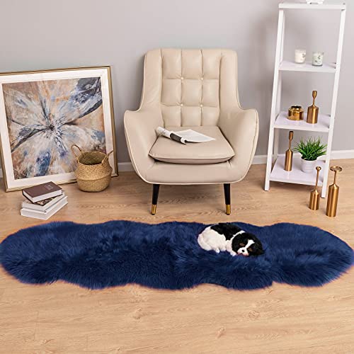 Carvapet Luxury Soft Faux Sheepskin Couch Seat Cushion Fake Fur Area Rugs For Bedroom And Living Room Runner, 2Ft X 6Ft, Navy Blue #TOP3