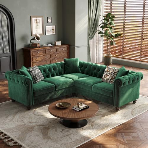 ONBRILL Chesterfield L Shaped Sofa, Velvet Sectional Couches for Living Room, Tufted Corner Couch with Rolled Arms, 3 Throw Pillows, Comfy L Shaped Sectional Sofa for Apartment, Green