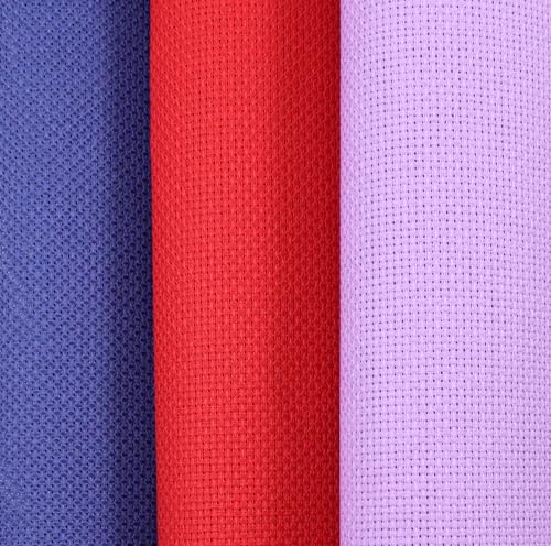 Image of KCS 3 pc of 15 inch x 18 inch(38cmx45cm) Counted Cross Stitch Cotton Aida Cloth Needlework Rolled Fabric Box,16CT,Lavender+Royal Blue+Red