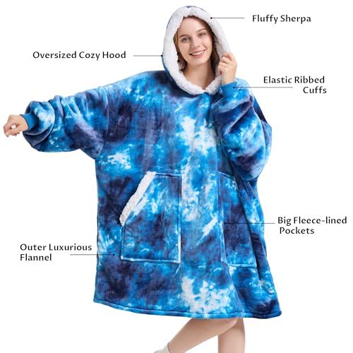 Kipswiza Wearable Blanket Hoodie, Oversized Cozy Warm Sherpa Fleece Hooded Blankets Sweatshirt - Gifts for Mom, Dad, Women, Men, Teens, Adult (Blue Tie Dye)