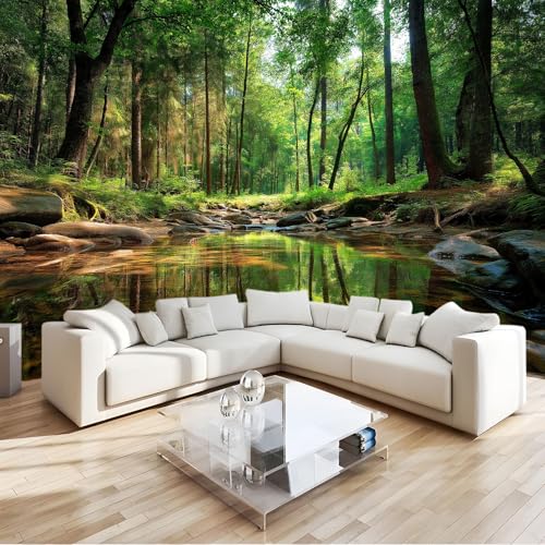 Vert Olive Papier peint photo en non-tissé - 300 x 210 cm 3D Poster Geant Mural Motif Nature Plantes Forêt Ruisseau, Décoration murale pour salon chambre à...