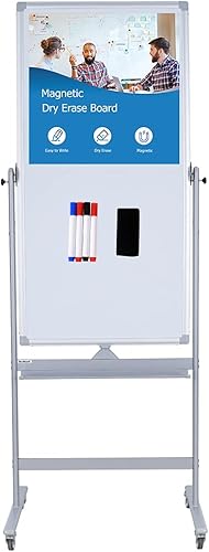 Pizarra blanca móvil magnética de 48 x 24 pulgadas, pizarra blanca reversible de 360 de dos caras con ruedas, caballete portátil de borrado en seco