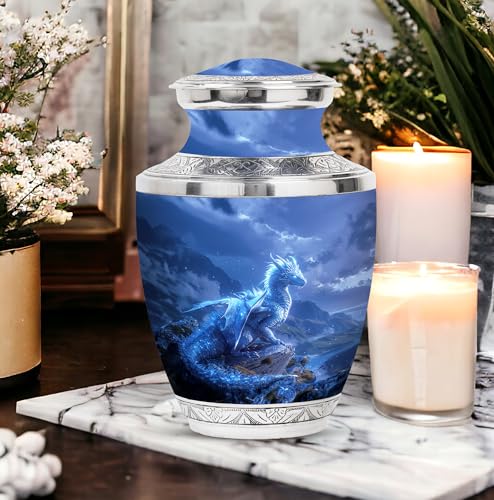 Image of Dragon Personalized Urns for Ashes - Funeral Urn for Ashes Adult Male - Large Urn for Ashes for Men - Burial Urn for Mom & Dad - Customized Cremation Urn - 10 Inch Large with Velvet Bag
