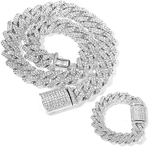 Emesly Solid Miami Cuban Link Chain Gold/Silver Necklace (16, 18, 20, 22, 24, 30 Inches Length); Hip Hop Bracelet (8" Length) for Men & Women; Perfect Iced Out Bling Jewelry Gift (20.0 Inches, Silver A 18mm (Necklace + Bracelet))