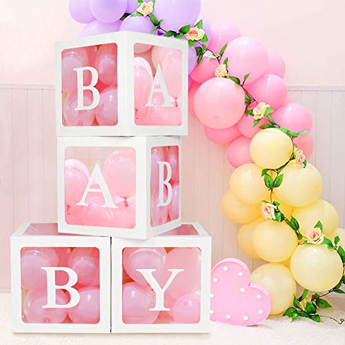 OurWarm Baby Boxes with Letters for Baby Shower - 4 Baby Shower Boxes with BABY Letters, Clear Gender Reveal Box for Balloons, Baby Blocks Decorations for Baby Shower First Birthday Party Backdrop