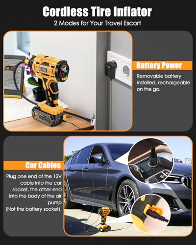 AUTDER Cordless Tire Inflator, 180PSI Portable Air Compressor with 21V Rechargeable Battery & 12V DC Car Adapter, Fast Inflation Digital Pump for Cars, Motorcycles, Bikes & Sports Balls - Black Yellow - Thumbnail 5