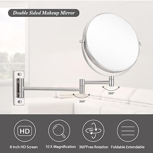 Miniatura 3 de Cerdeco Espejo de montaje en pared de maquillaje de doble cara de 8 pulgadas 10X con acabado niquelado - 360 giratorio extensible cosmético aumento