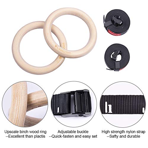 LANGSHI Wooden Gymnastic Rings with Buckles Straps Exercise Gym Rings Athletic Rings for Muscle Building, Ab Workout… - Image 3