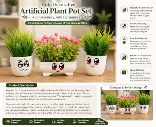Image of Artificial Plants With Cute Smiley Face Pots Set Of 3 , Faux Green Grass & Pink Flower Pot , Decorative Mini Potted Plants For Home Decor, Office Desk, Living Room, Bedroom, Balcony & Study Table