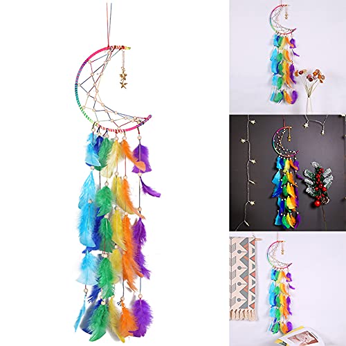 Abimy Apanhador de sonhos de lua, feito à mão, tradicional apanhador de sonhos com plumas coloridas,