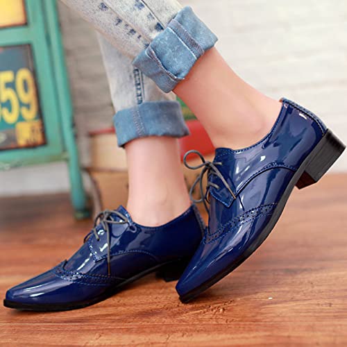 Aimodor Womens Wingtip Oxford Flat Heel Patent Leather Shoes Pointed Toe Lace Up Pumps 8,Royal Blue #TOP4