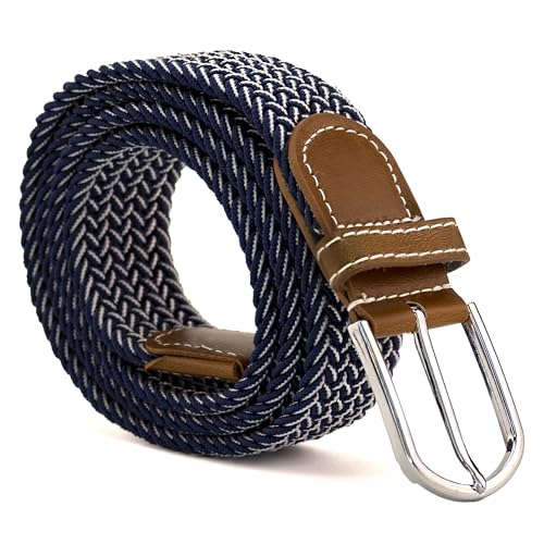 Cinturón elástico, Cinturón trenzado, Cinturón tela, Cinturones ajustable, Cinturones trenzados hombres, Cinturones trenzados mujer, Ajuste flexible, Color Azul y Blanco, 110cm