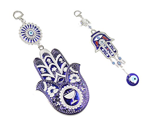 We Pay Your Sales Tax Set of 2 Turkish Blue Evil Eye (Nazar) Hamsa Hand Elephant Amulets Wall Hanging Home Decor Protection Blessing Housewarming Birthday Gift