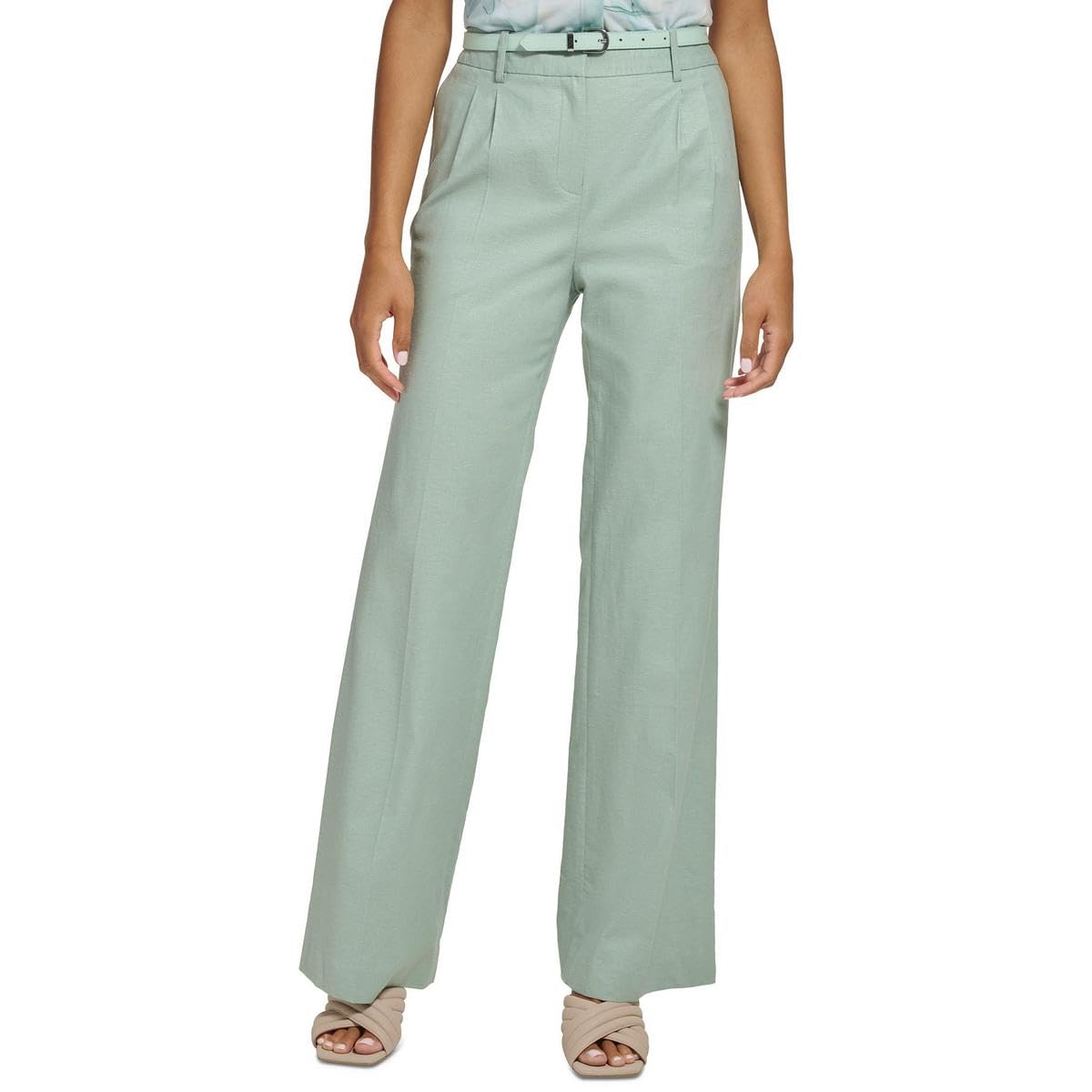 Calvin Klein Pantalones anchos de lino con cinturón para mujer (Jadeíta, 16), Jadeite, 16