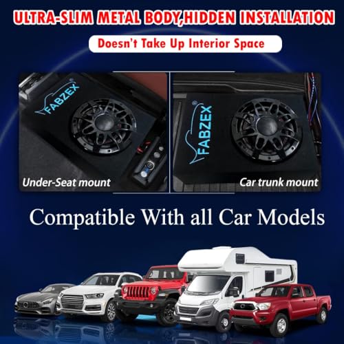 Image of 8 inch Car Active Under-Seat Car Subwoofer, 200W RMS Powered Bass Tube with Built-in Amplifier, Compact Slim Design - Black with Blue Logo