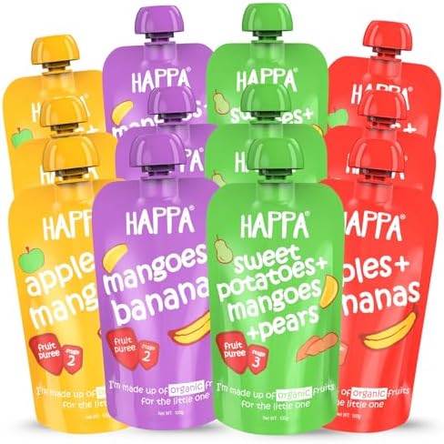 Happa Organic Baby Food Puree | 100% Fruits and Vegetables | No Added Sugar, No Milk Powder, No Preservatives | Stage 2 (6 Months+) | Ready to Eat | Free from Common Allergens | (Pack of 12 (100 g Each))