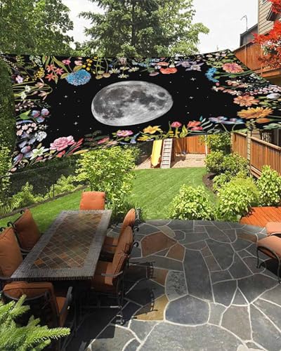 Boanket Sun Shade Sail 12' x 16', Spring Floral Sun Blocking Shades Privacy Outdoor Covering, Moon Summer Flowers Botanical Black Shade Cloth for Patio Deck Terrace Garden Lawns Beach Backyard