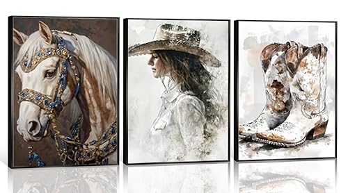 Image of 3pcs Western Vintage Cowgirl Canvas Prints Wall Art 12x16 inches Unframed | Cowboy,Horse,Boots Art Prints, Rustic Farmhouse Country Poster, Room Bedroom Dorm Decor