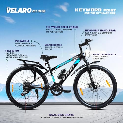 Image of Leader Vivid Valero 26T IBC 7 Speed Cycle for Men with Front Suspension & Dual Disc Brakes | Gear Bicycle for Men | Mountain Bike with Inbuilt Carrier & Steel Frame | Ideal for 10+ Years - Black