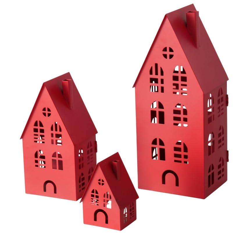 3 STK Laternen Metall rot Häuser b198 Eisen Dekohaus Set Metallhaus 37cm 24cm 12cm Wohnaccessoires Laternenhaus Windlichter Häuser Aufsteller Laterne Haus Metallhäuser Shabby Chic Vintage