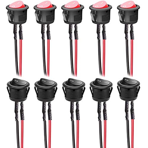 Gebildet 10pcs AC 6A/250V 10A/125V SPST 2 Pins 2 Position Car Boat Round Rocker Switch ON/OFF Toggle Switch with Pre-soldered Wires(Red+Black)