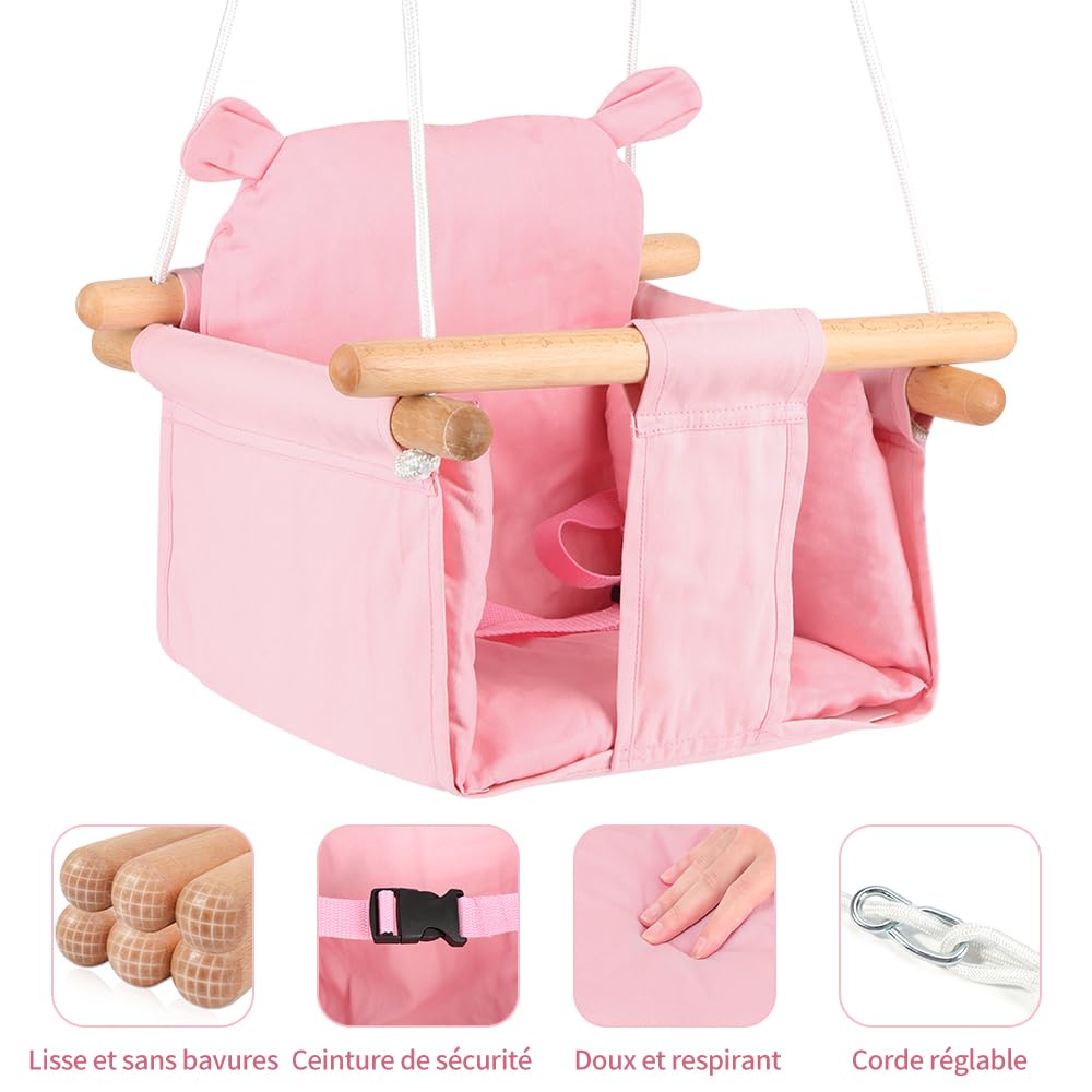 Columpio de Madera para Bebé, Columpio para Niños Osos, a partir de 6 Meses, Instalación Interior/Exterior, Carga Max 25 kg (Rosa)