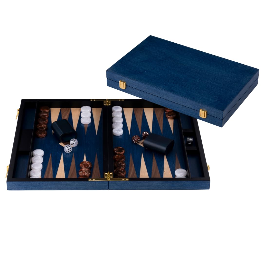 Engelhart-250554, Backgammon Wooden 15 Inch (38 cm) Luxury Burl Wood Case Walnut Inlay, Open 48 × 38 cm, Brown/White Pieces