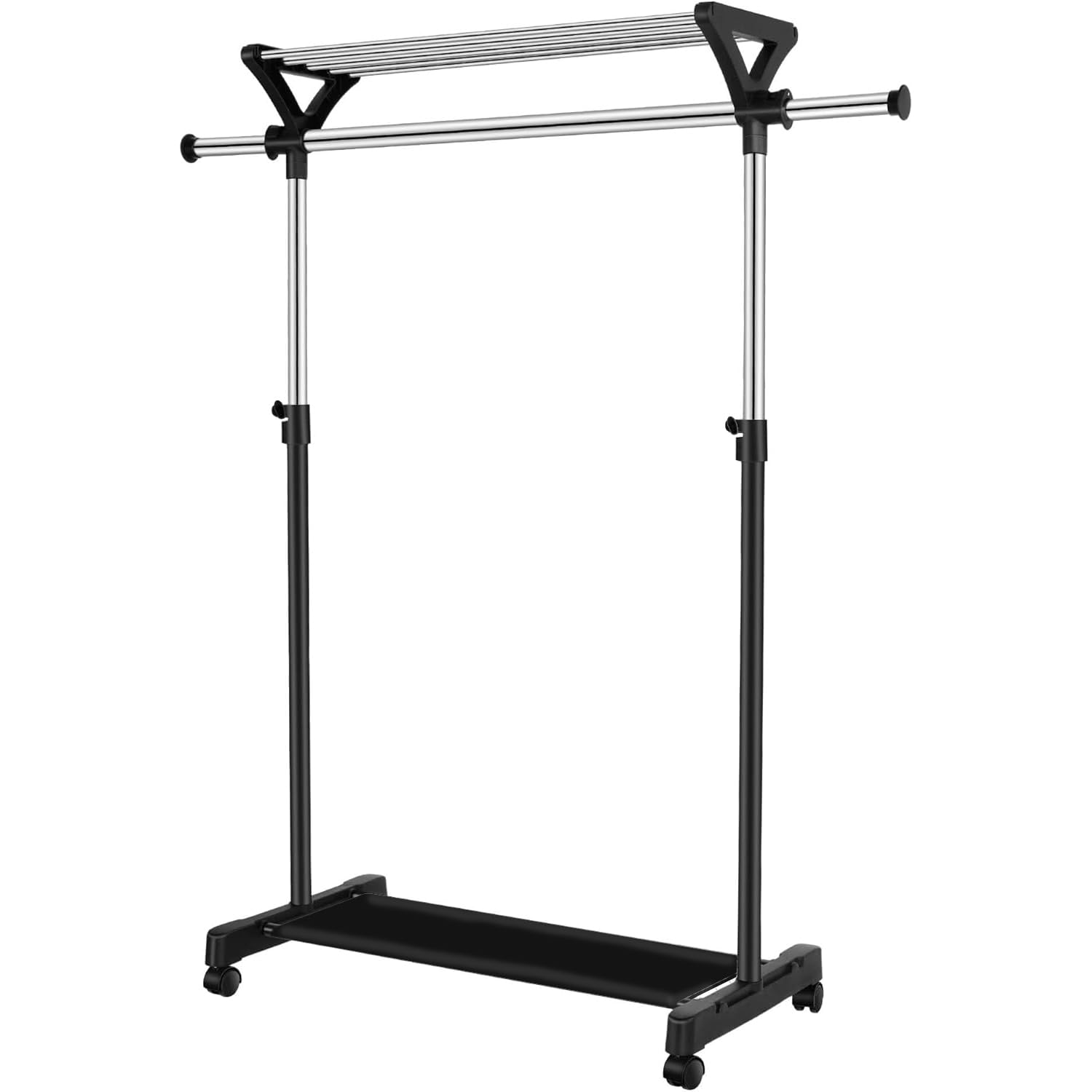 FUENGJI Clothes Rack on Wheels with Extra Top Storage Shelf, Expandable Rolling Garment Rack for Hanging Clothes, Heavy-duty Metal Stainless Steel Adjustable Organizer for Bedroom, Living Room