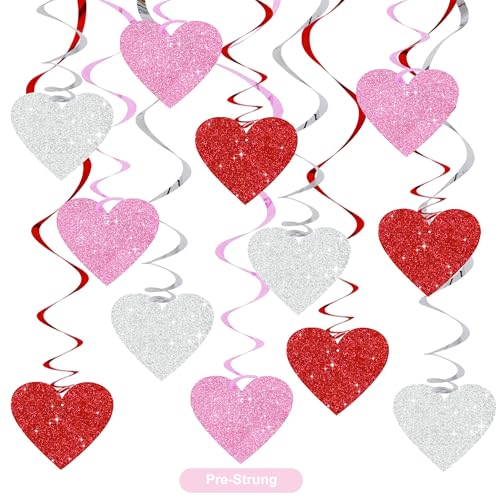 BEISHIDA Happy Valentines Day Pre-Strung Hanging Swirls Valentines Decorations Red Pink Silver Glitter Heart Hanging Decorations for Mothers Day Wedding Anniversary Proposal Party Supplies 15Pcs