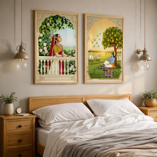 Image of TheMakerly Traditional Indian Wall Painting Set of 2 | Radha Krishna Wall Art Frames | Vintage Religious Wall Decor for Living Room Bedroom Home Temple (KR02, 13x19 inches)