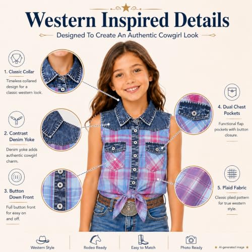 Image of Bienzoe Western Plaid Girls Shirt: Sleeveless Button Down