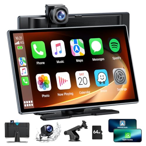 Portátil A-pple Carplay Inalambrico & Android Auto, 9 Pulgadas Pantalla Coche de Carplay con 2,5K+1080P Dash CAM Frontal & Trasera,Radio Reproductor con Mirror Link/Bluetooth/SIRI/Go0gle/FM/AUX/64G TF